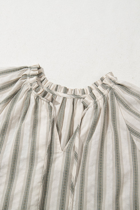 Vertical Stripe Frilled Tie Neck Short Sleeve Cotton Blouse