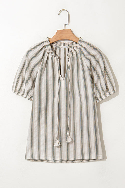Vertical Stripe Frilled Tie Neck Short Sleeve Cotton Blouse