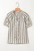 Vertical Stripe Frilled Tie Neck Short Sleeve Cotton Blouse