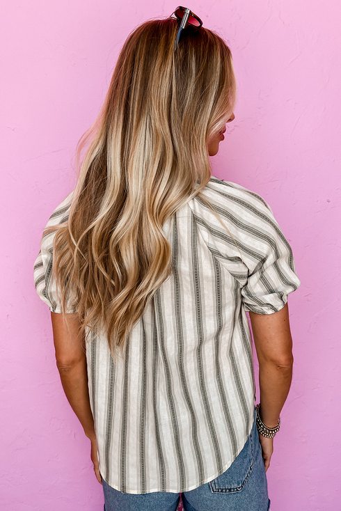 Vertical Stripe Frilled Tie Neck Short Sleeve Cotton Blouse