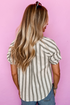 Vertical Stripe Frilled Tie Neck Short Sleeve Cotton Blouse