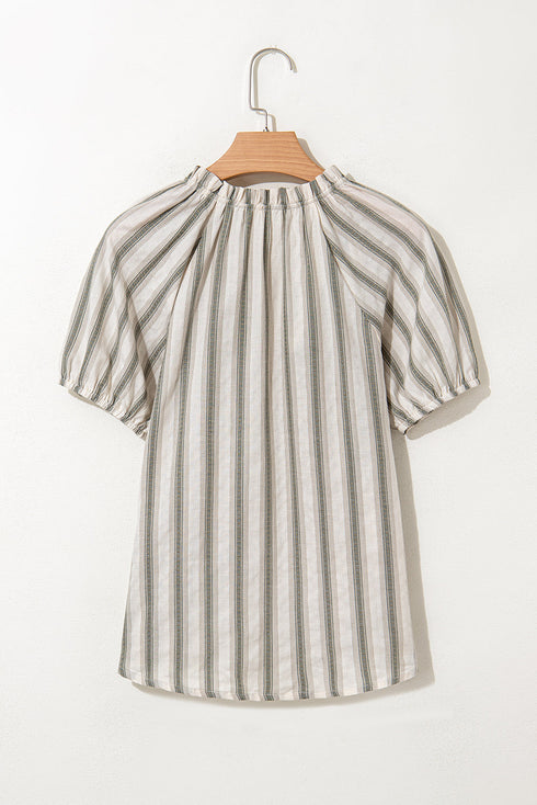 Vertical Stripe Frilled Tie Neck Short Sleeve Cotton Blouse