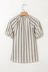 Vertical Stripe Frilled Tie Neck Short Sleeve Cotton Blouse
