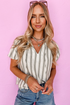 Vertical Stripe Frilled Tie Neck Short Sleeve Cotton Blouse