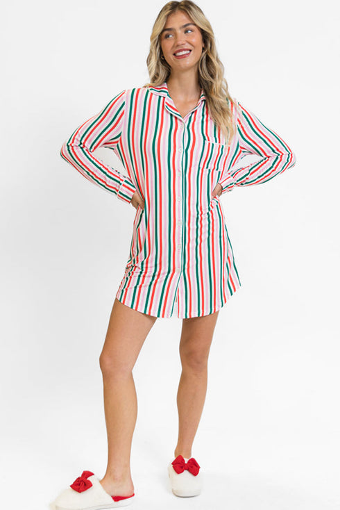 Vertical Stripe Print Button Front Long Sleeve Lounge Dress