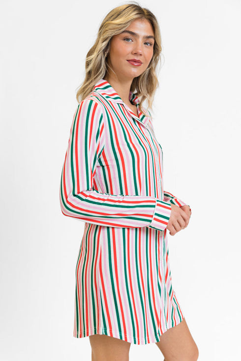 Vertical Stripe Print Button Front Long Sleeve Lounge Dress