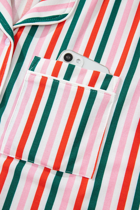 Vertical Stripe Print Button Front Long Sleeve Lounge Dress