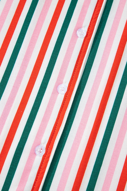 Vertical Stripe Print Button Front Long Sleeve Lounge Dress