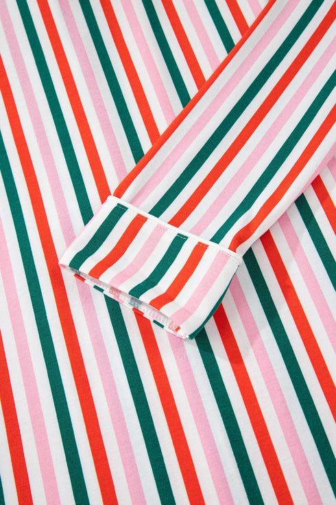 Vertical Stripe Print Button Front Long Sleeve Lounge Dress