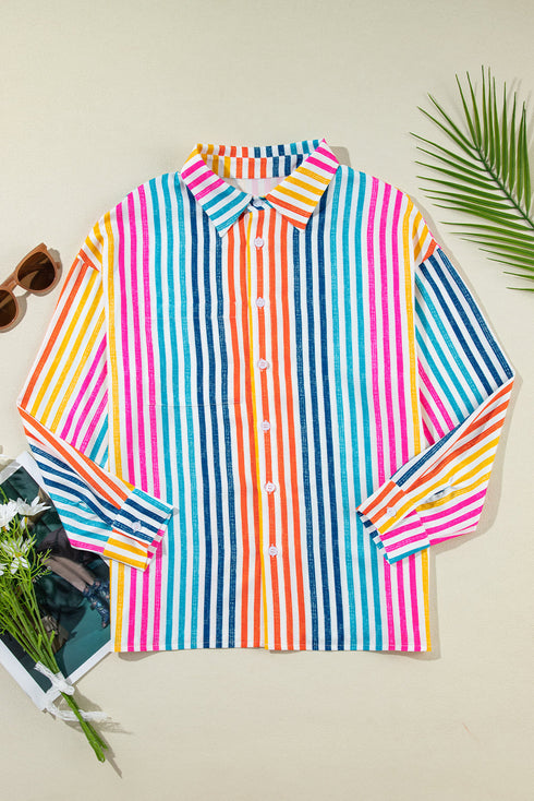 Vertical Stripe Print Relaxed Fit Button Down Shirt