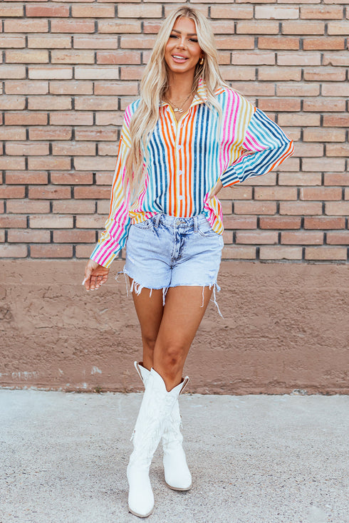 Vertical Stripe Print Relaxed Fit Button Down Shirt