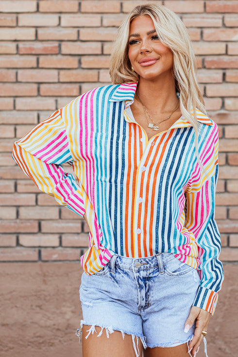 Vertical Stripe Print Relaxed Fit Button Down Shirt