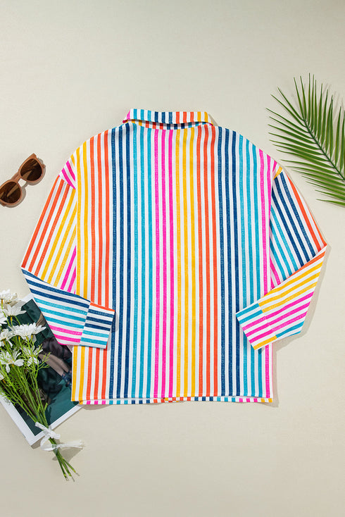 Vertical Stripe Print Relaxed Fit Button Down Shirt