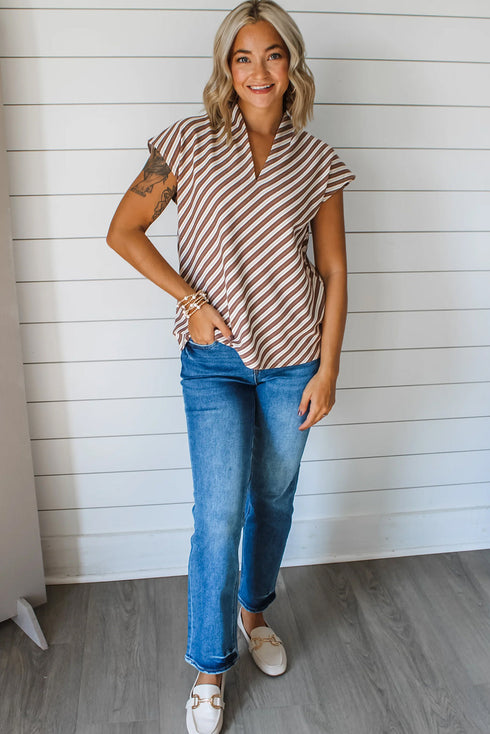 Vertical Stripe Stand Collar V Neck Pocket Detail Blouse