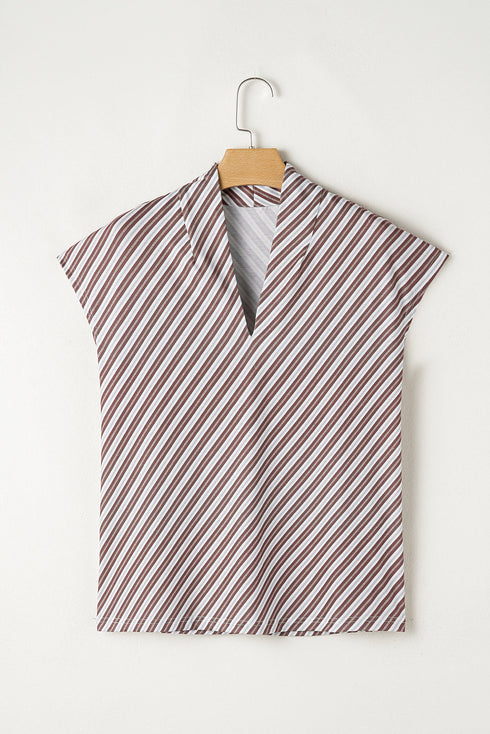 Vertical Stripe Stand Collar V Neck Pocket Detail Blouse