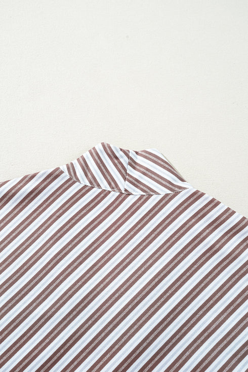 Vertical Stripe Stand Collar V Neck Pocket Detail Blouse