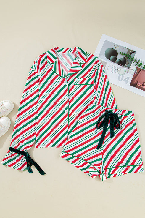 Vertical Stripe Velvet Ribbon Accent Viscose Pajama Set