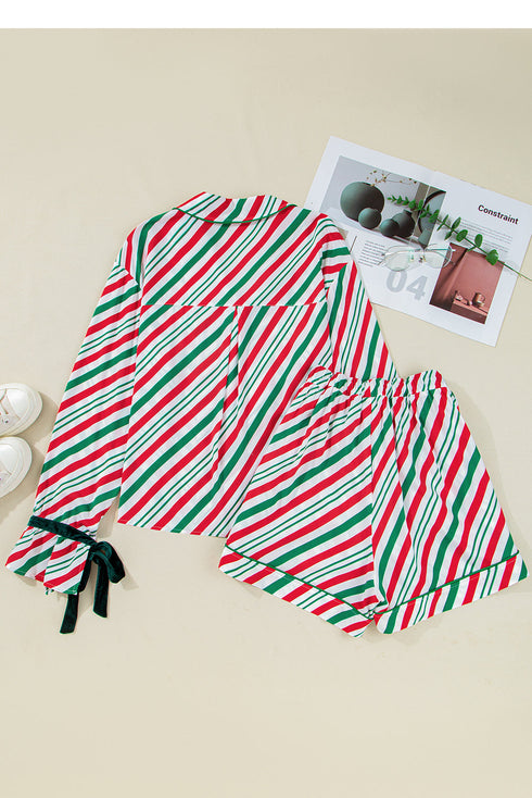 Vertical Stripe Velvet Ribbon Accent Viscose Pajama Set