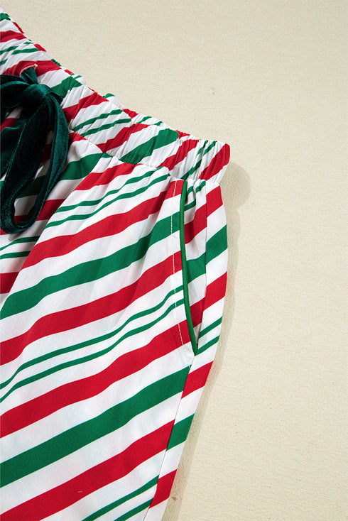 Vertical Stripe Velvet Ribbon Accent Viscose Pajama Set