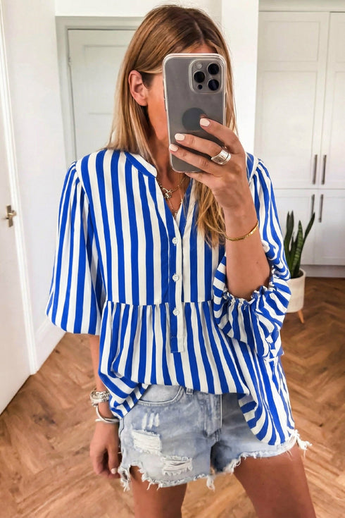 Vertical Striped Split Neck Three Quarter Sleeve Babydoll Blouse