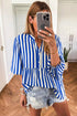 Vertical Striped Split Neck Three Quarter Sleeve Babydoll Blouse