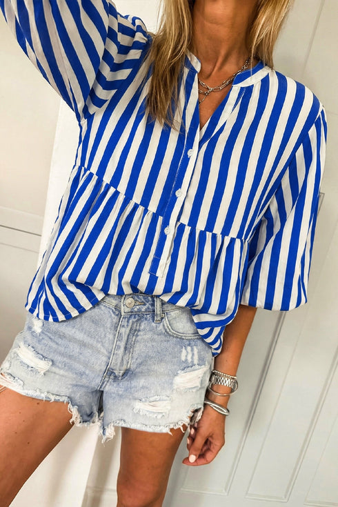 Vertical Striped Split Neck Three Quarter Sleeve Babydoll Blouse