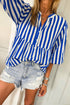 Vertical Striped Split Neck Three Quarter Sleeve Babydoll Blouse