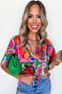 Vibrant Abstract Floral V Neck Tie Front Short Sleeve Blouse