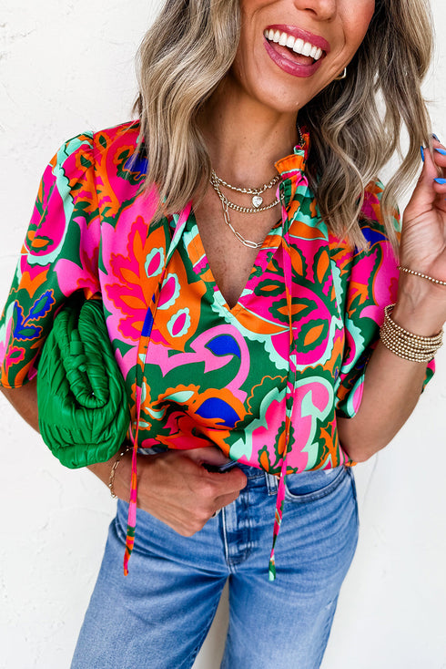 Vibrant Abstract Floral V Neck Tie Front Short Sleeve Blouse