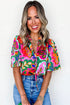 Vibrant Abstract Floral V Neck Tie Front Short Sleeve Blouse
