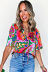 Vibrant Abstract Floral V Neck Tie Front Short Sleeve Blouse