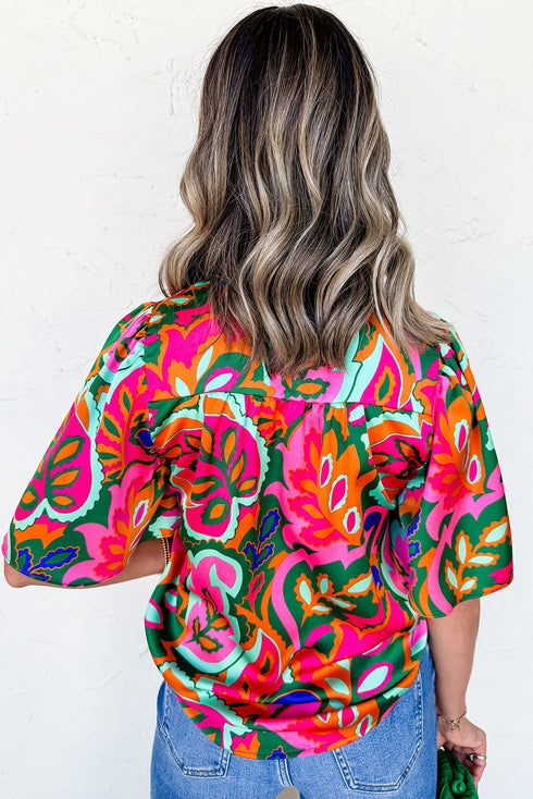 Vibrant Abstract Floral V Neck Tie Front Short Sleeve Blouse