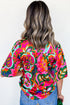 Vibrant Abstract Floral V Neck Tie Front Short Sleeve Blouse