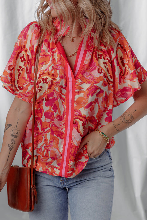 Vibrant Abstract Print Contrast Trim Flutter Sleeve Blouse