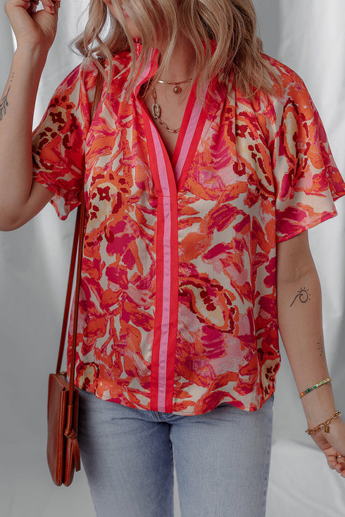 Vibrant Abstract Print Contrast Trim Flutter Sleeve Blouse