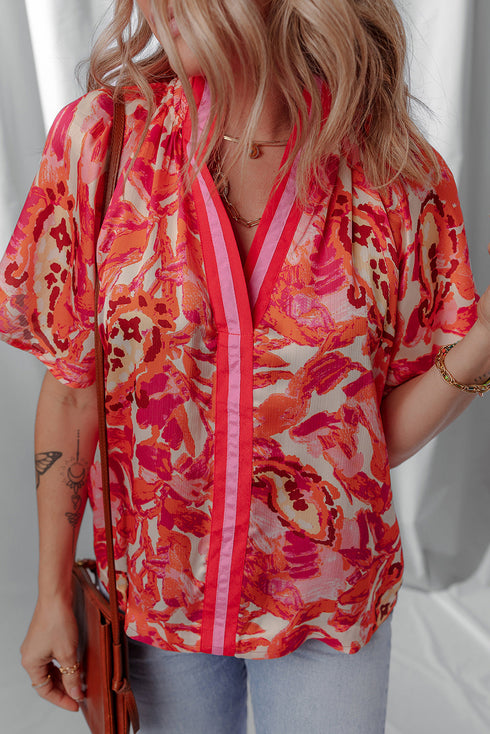 Vibrant Abstract Print Contrast Trim Flutter Sleeve Blouse