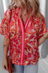 Vibrant Abstract Print Contrast Trim Flutter Sleeve Blouse