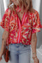 Vibrant Abstract Print Contrast Trim Flutter Sleeve Blouse