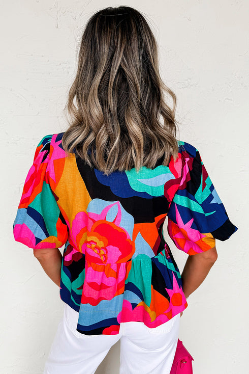 Vibrant Abstract Print Puff Sleeve Tie Front Babydoll Blouse