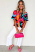 Vibrant Abstract Print Puff Sleeve Tie Front Babydoll Blouse