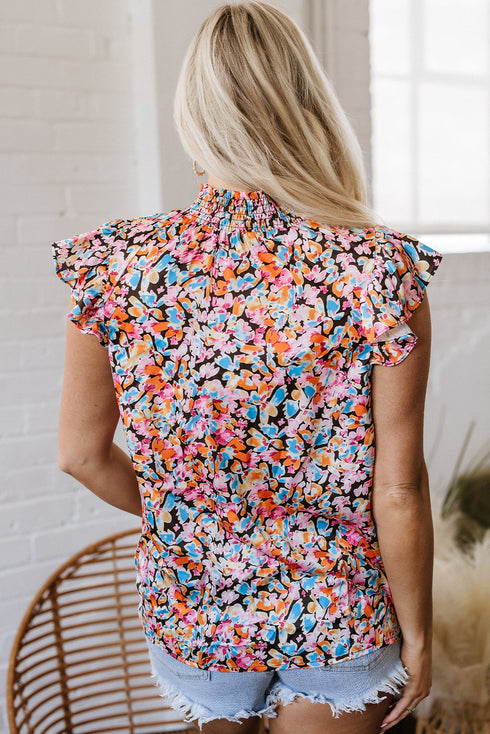 Vibrant All Over Floral Print Ruffle Sleeve Smocked Blouse Top