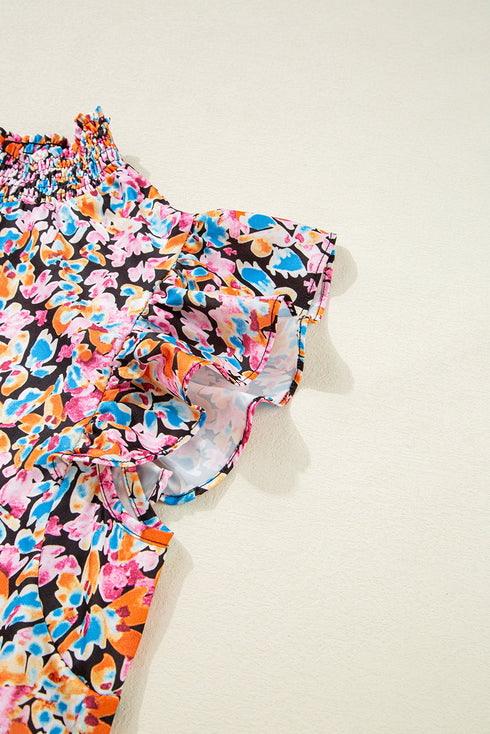 Vibrant All Over Floral Print Ruffle Sleeve Smocked Blouse Top