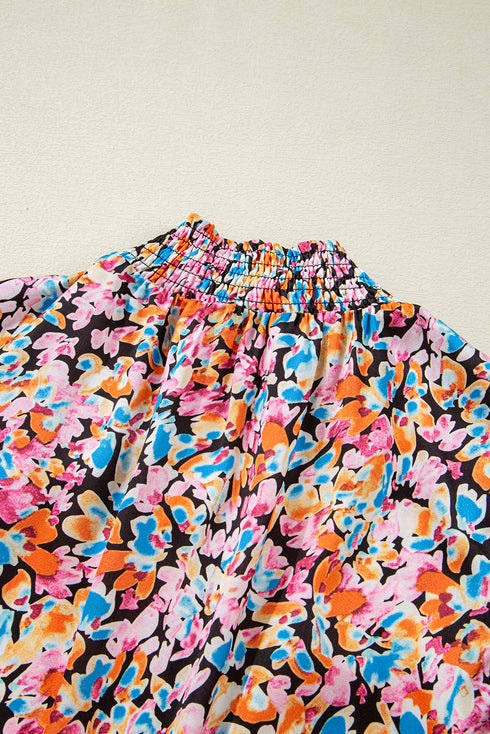Vibrant All Over Floral Print Ruffle Sleeve Smocked Blouse Top