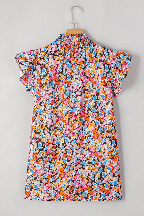 Vibrant All Over Floral Print Ruffle Sleeve Smocked Blouse Top