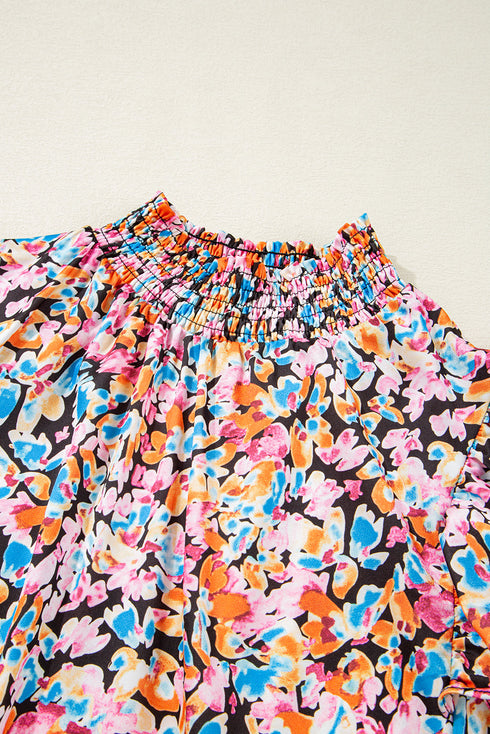 Vibrant All Over Floral Print Ruffle Sleeve Smocked Blouse Top