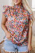 Vibrant All Over Floral Print Ruffle Sleeve Smocked Blouse Top