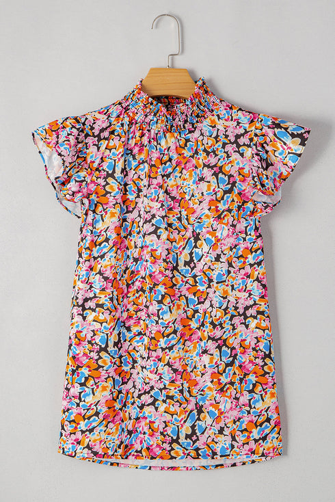 Vibrant All Over Floral Print Ruffle Sleeve Smocked Blouse Top