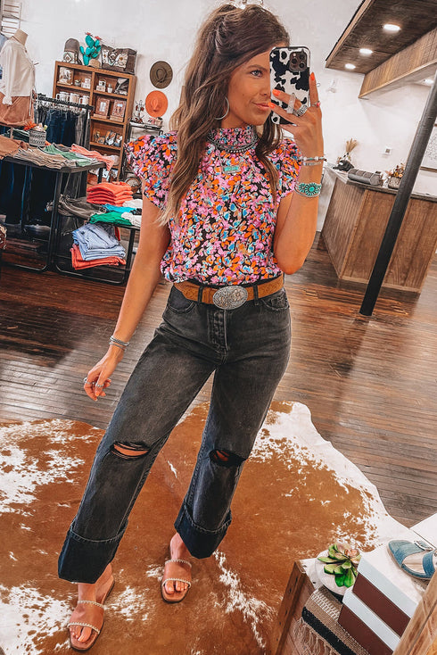 Vibrant All Over Floral Print Ruffle Sleeve Smocked Blouse Top