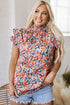 Vibrant All Over Floral Print Ruffle Sleeve Smocked Blouse Top
