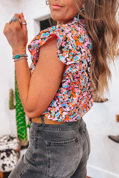 Vibrant All Over Floral Print Ruffle Sleeve Smocked Blouse Top